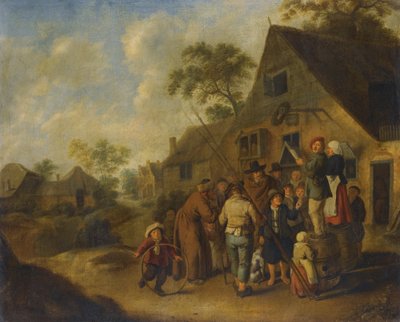 Figures proclamant les nouvelles sur des tonneaux devant une auberge par Jan Miense Molenaer - Nicolaes Molenaer